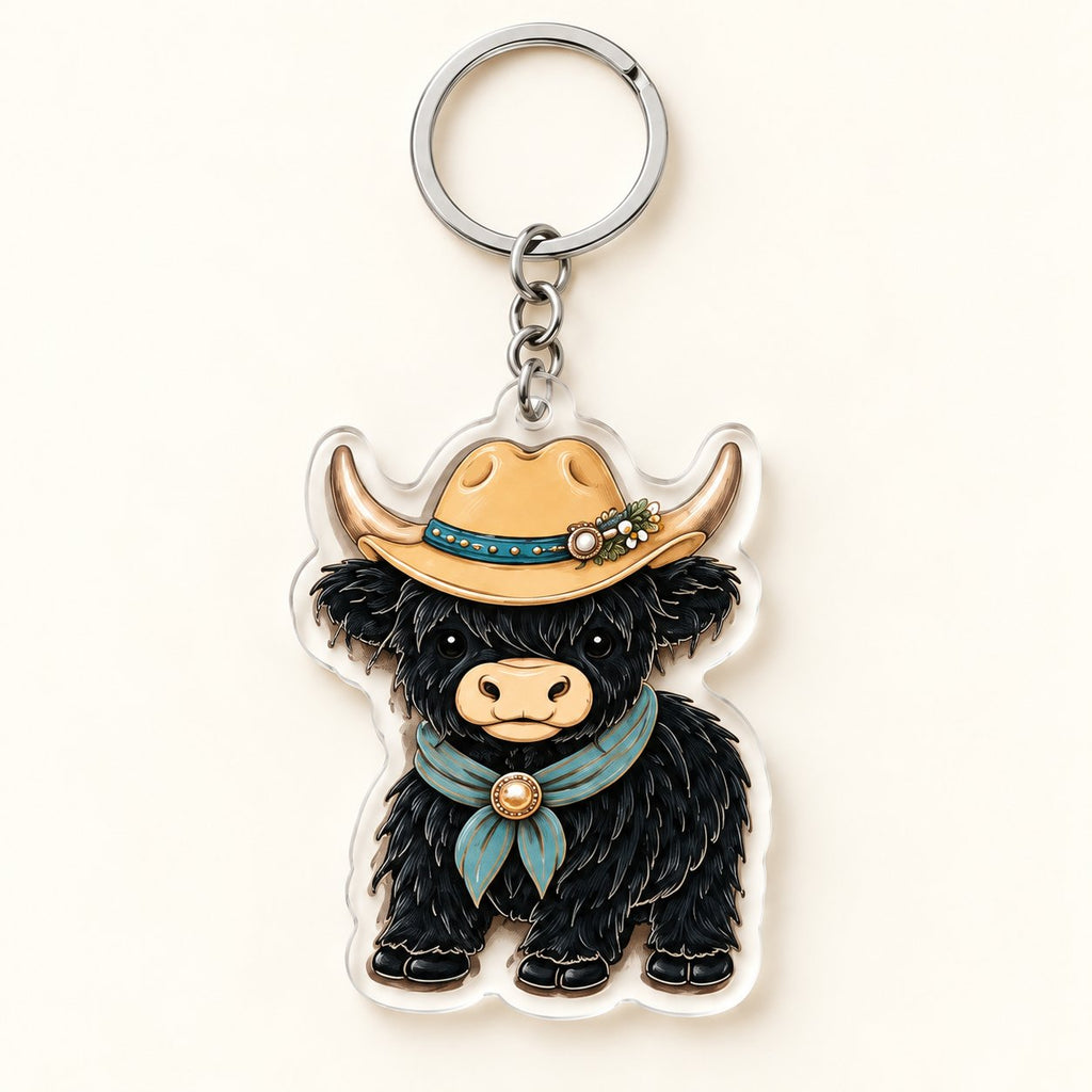Black Cowboy Highland cow flat acrylic keyring with tan hat and teal scarf artwork