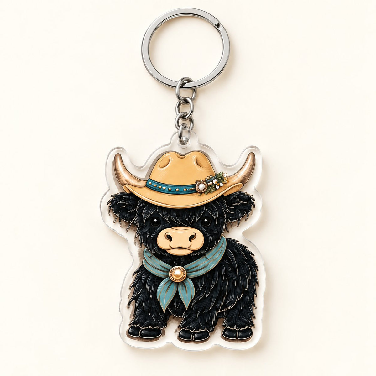 Black Cowboy Highland cow flat acrylic keyring with tan hat and teal scarf artwork