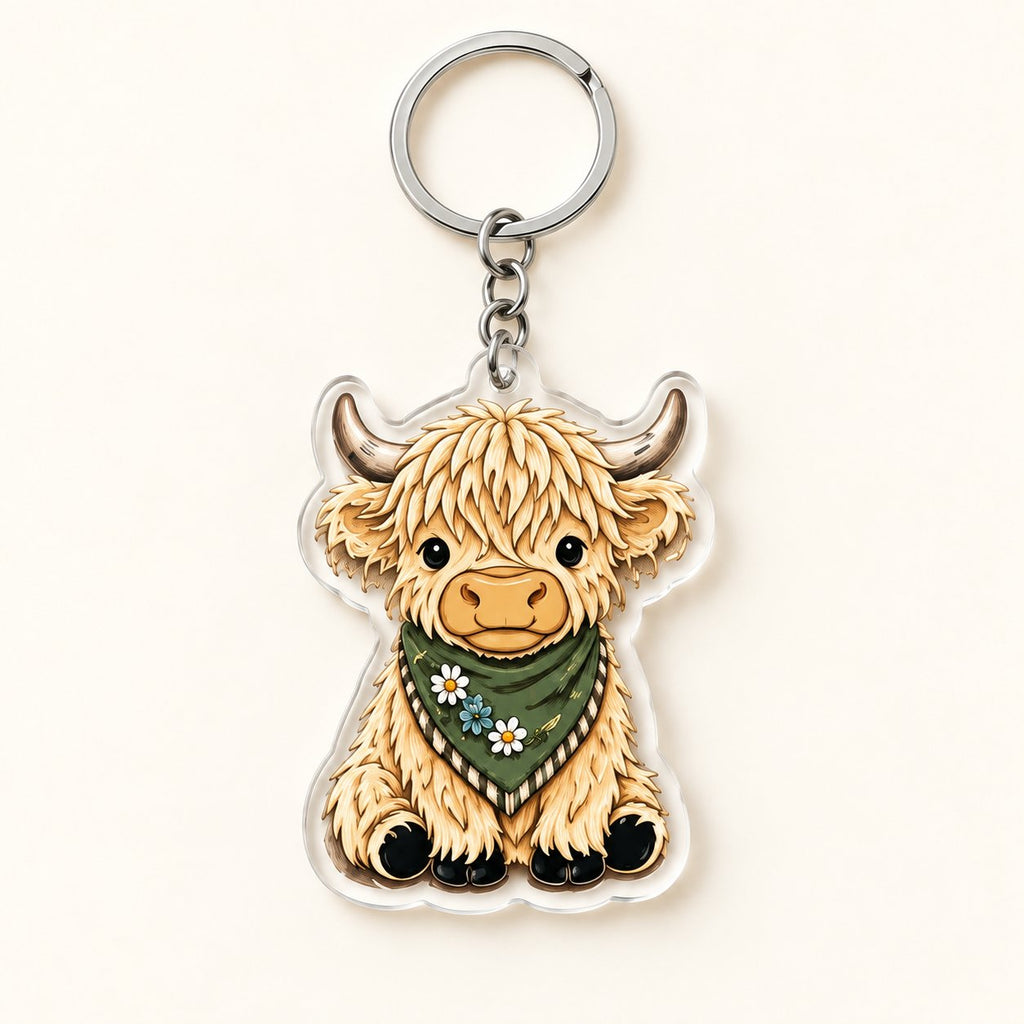 Cream Bandana Highland cow flat acrylic keyring with silver ring and short chain