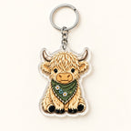 Cream Bandana Highland cow flat acrylic keyring with silver ring and short chain