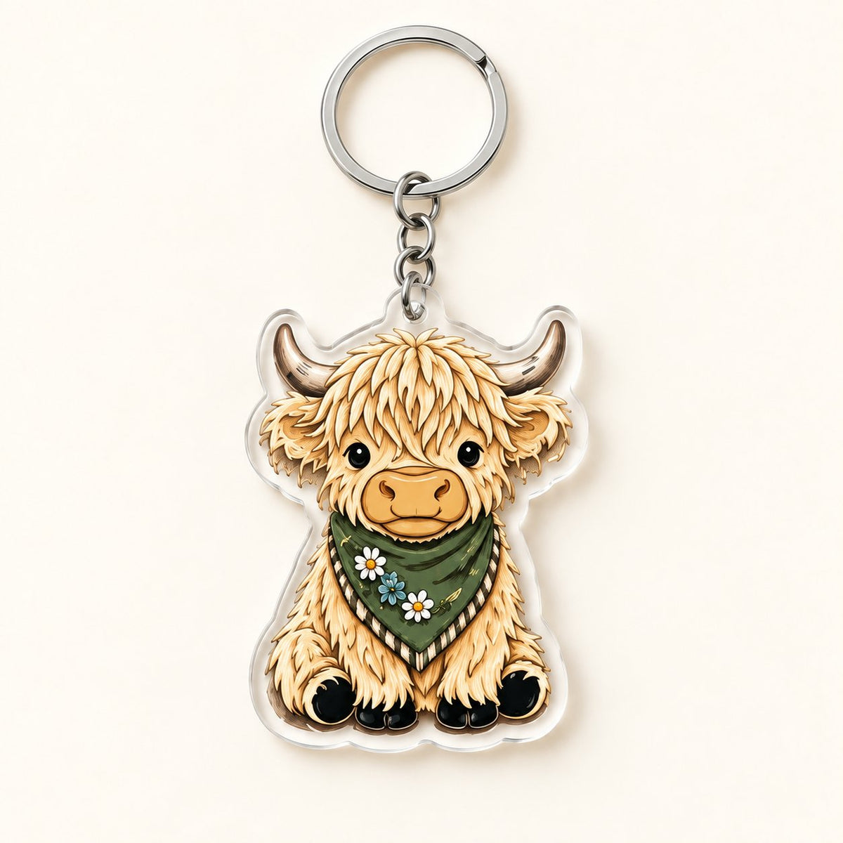 Cream Bandana Highland cow flat acrylic keyring with silver ring and short chain