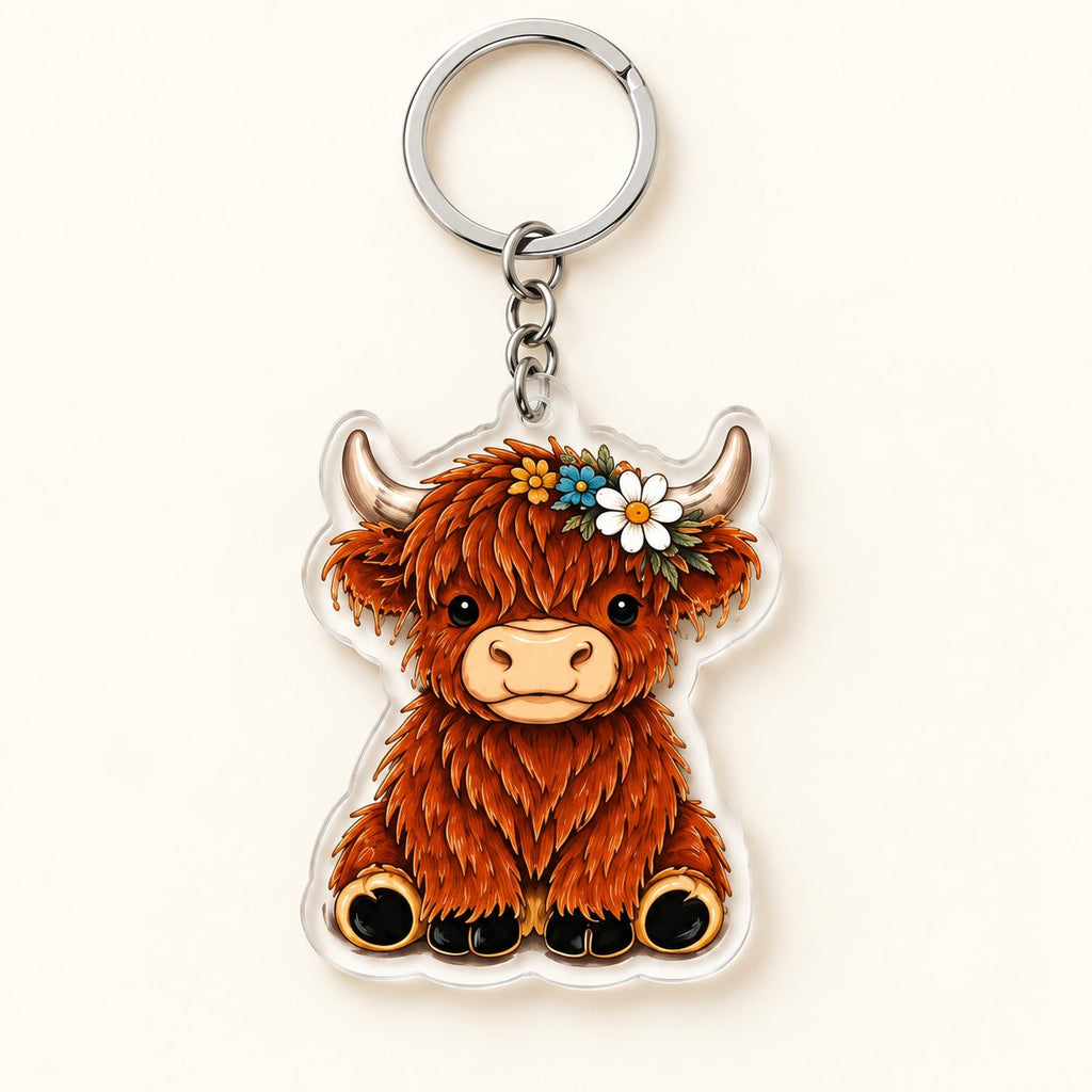Daisy Crown Highland cow flat acrylic keyring with silver ring and short chain