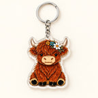 Daisy Crown Highland cow flat acrylic keyring with silver ring and short chain