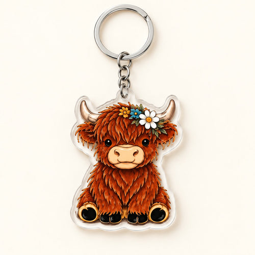 Daisy Crown Highland cow flat acrylic keyring with silver ring and short chain