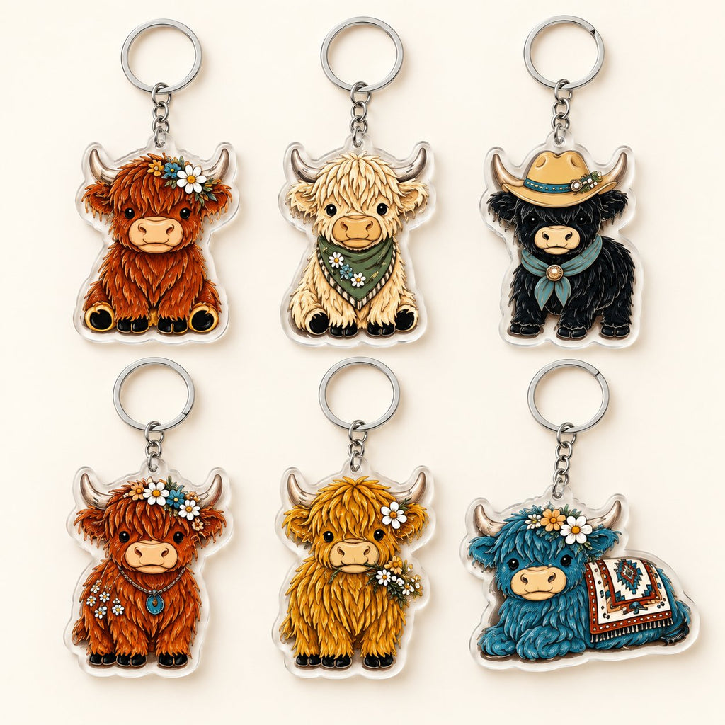Six Country Highland cow acrylic keyring designs shown for comparison; sold individually