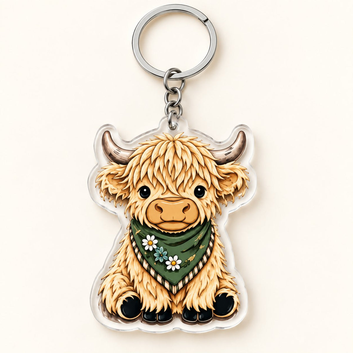 Close-up of Cream Bandana Highland cow artwork printed on flat clear-edge acrylic