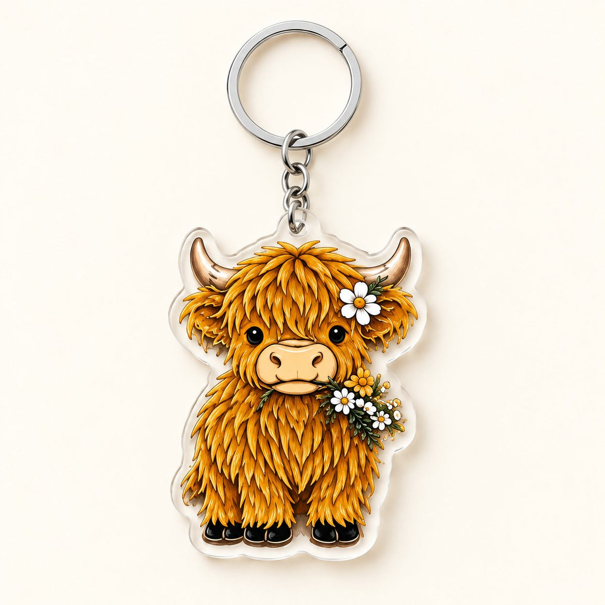 Golden Daisies Highland cow flat acrylic keyring with floral artwork