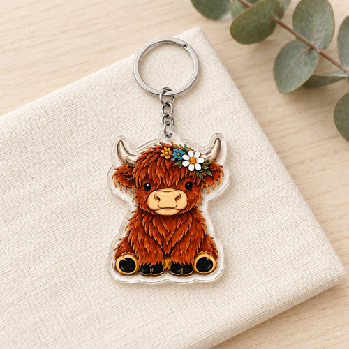Daisy Crown Highland cow acrylic keyring styled on ivory linen; props not included