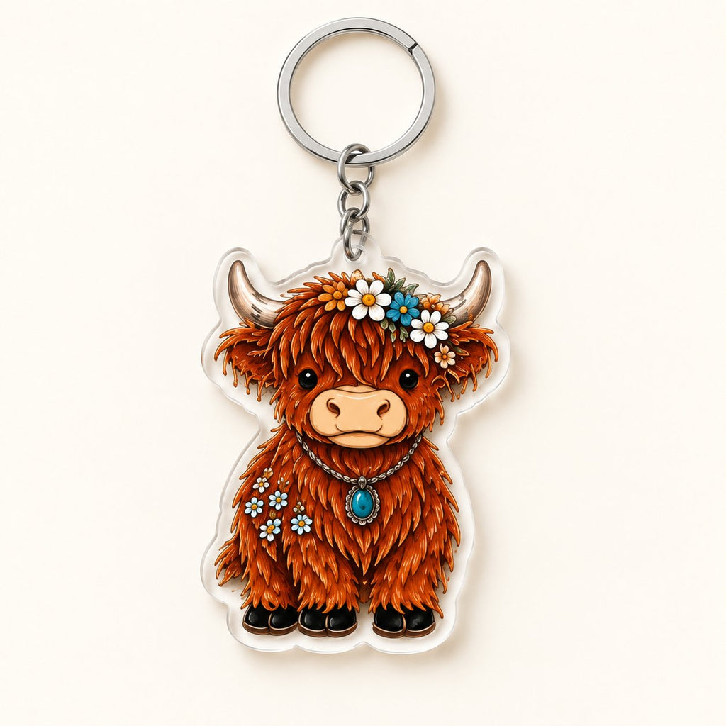 Rust Pendant Highland cow flat acrylic keyring with flower crown and turquoise pendant artwork
