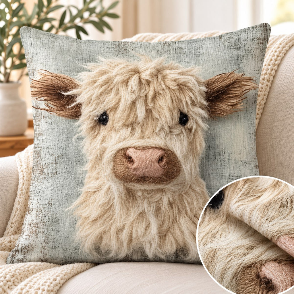 Cream Highland Cow Printed Cushion Cover — 45 cm