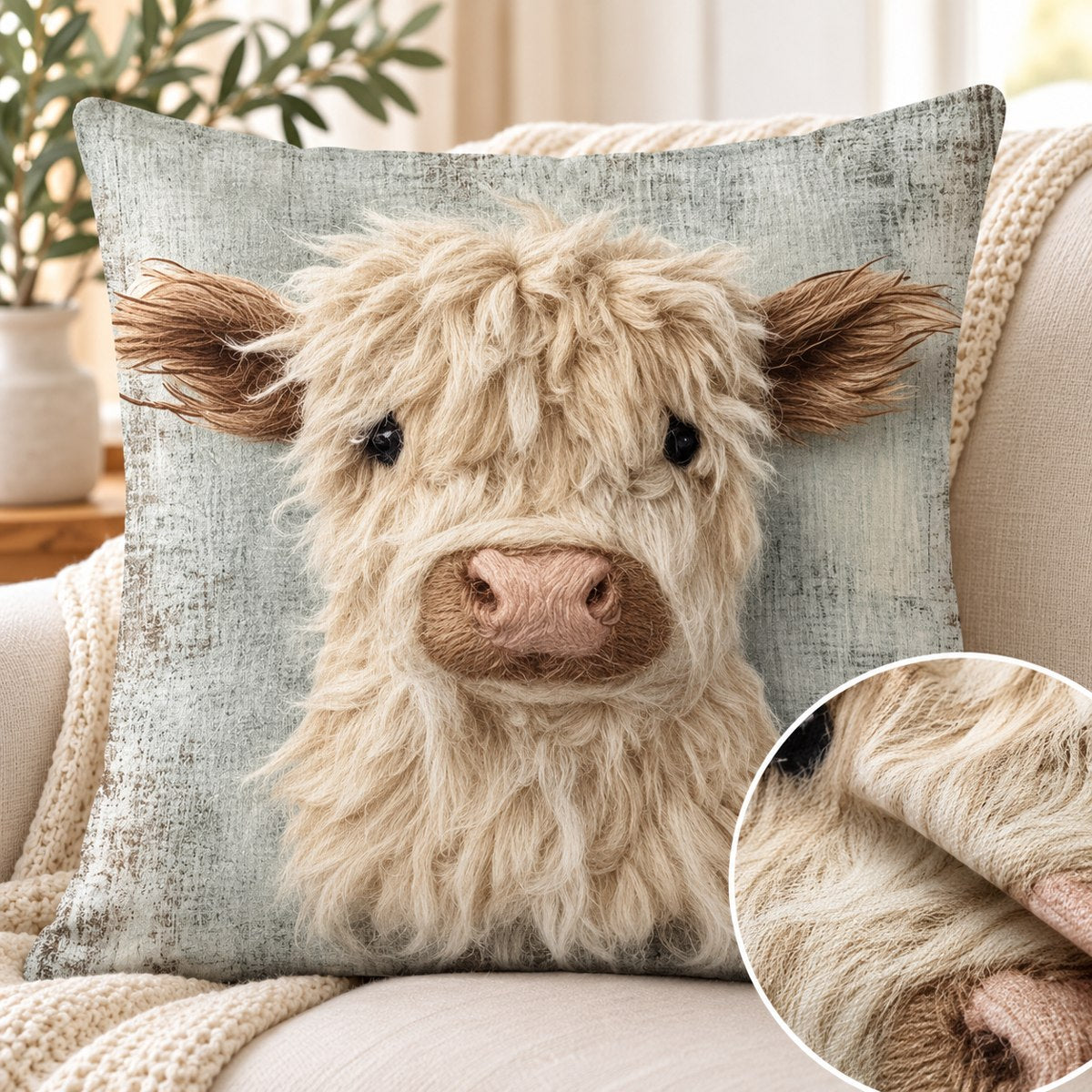 Cream Highland Cow Printed Cushion Cover — 45 cm