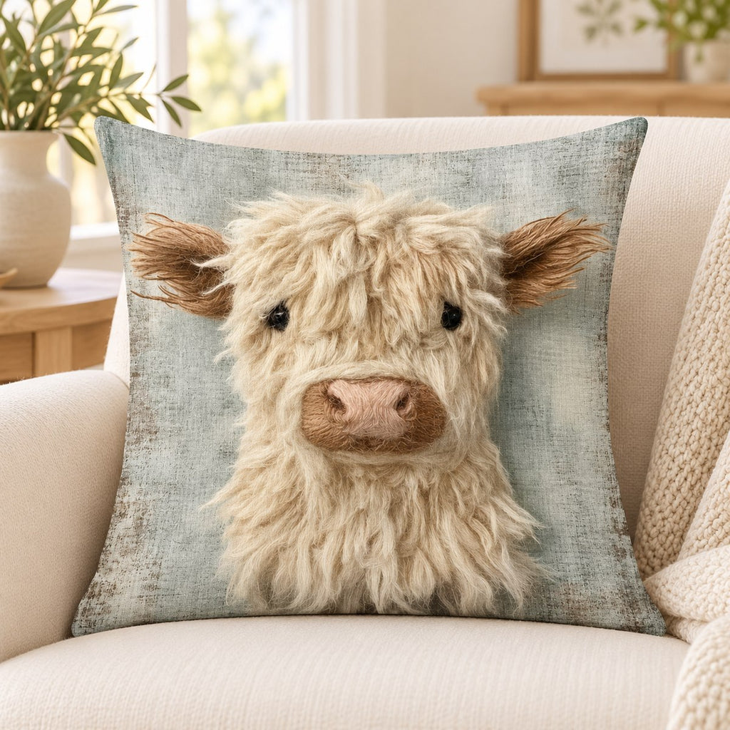 Cream Highland Cow Printed Cushion Cover — 45 cm