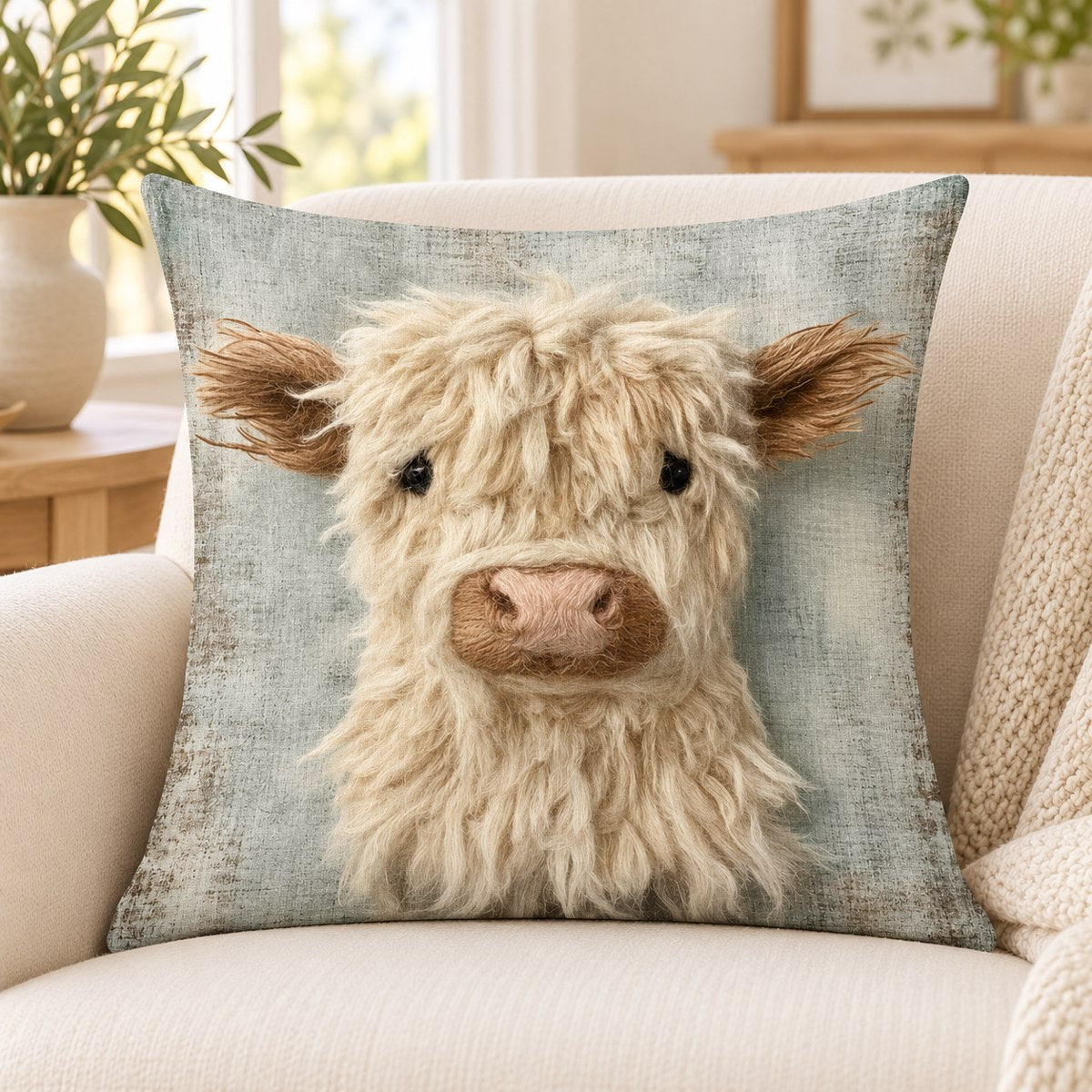 Cream Highland Cow Printed Cushion Cover — 45 cm