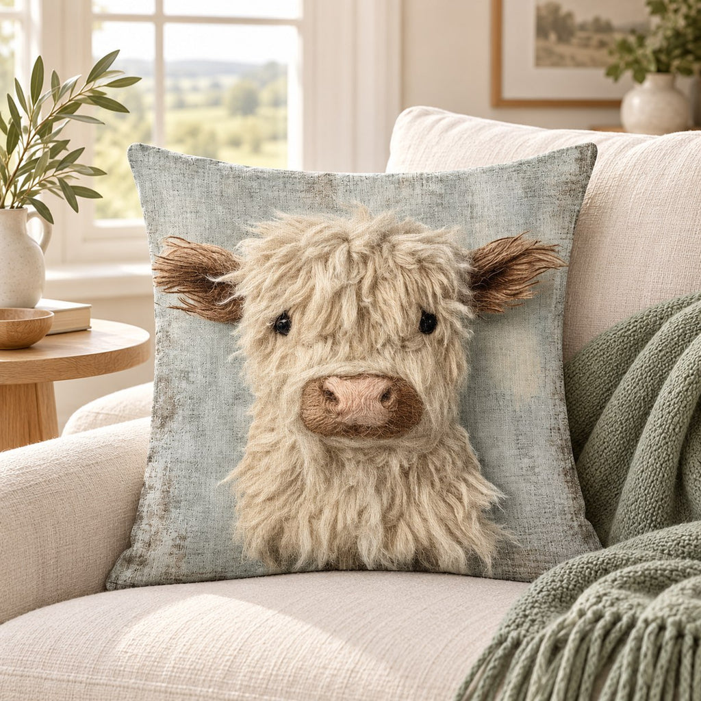 Cream Highland Cow Printed Cushion Cover — 45 cm
