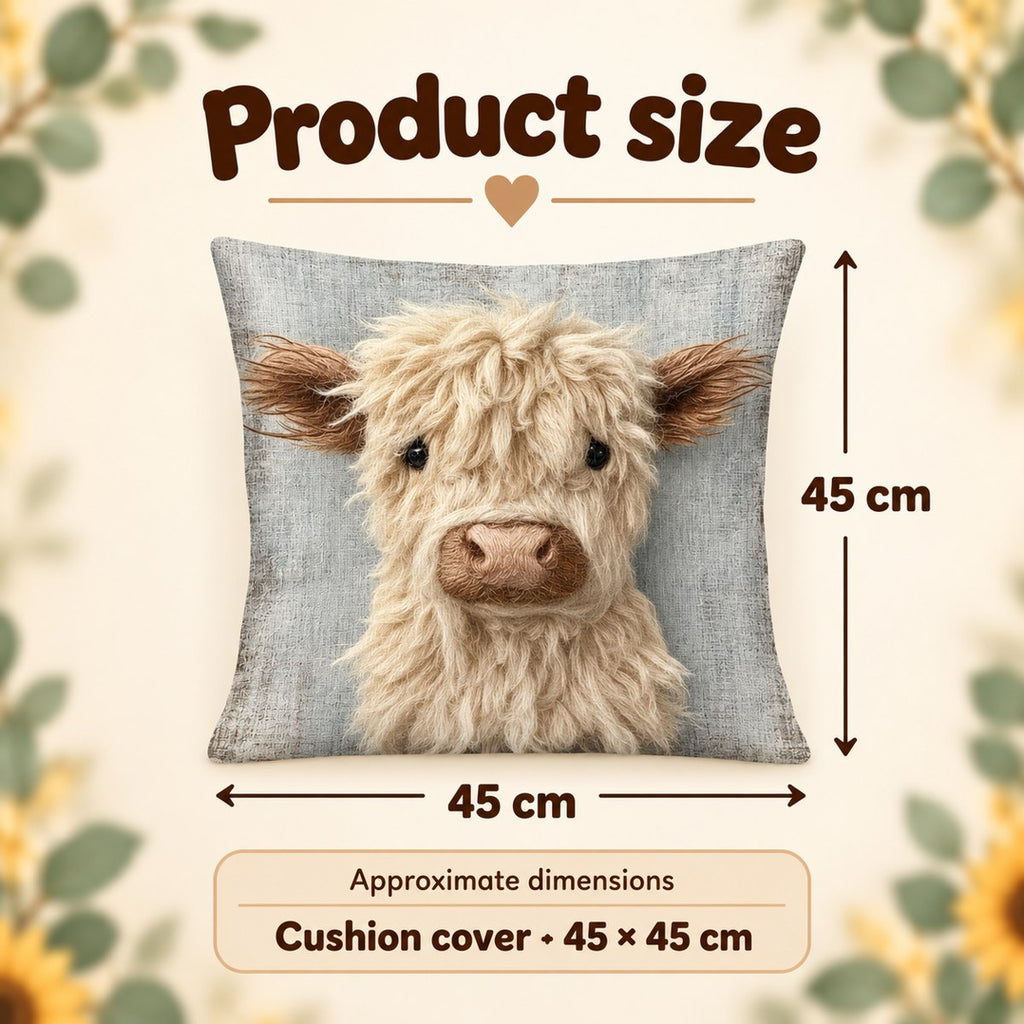 Cream Highland Cow Printed Cushion Cover — 45 cm