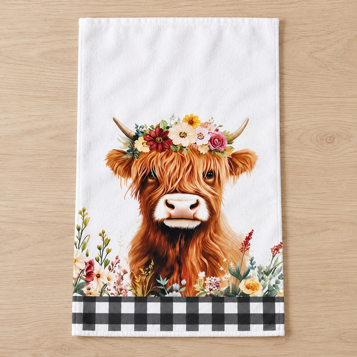 Flower Crown floral Highland cow tea towel design