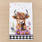 Purple Flowers floral Highland cow tea towel design