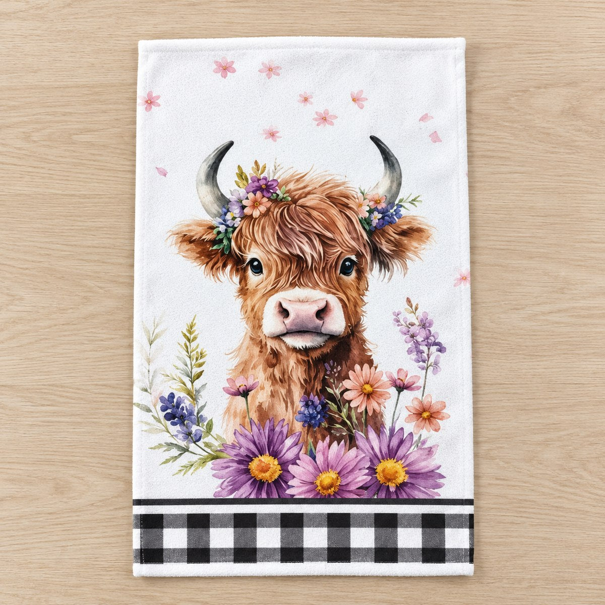 Purple Flowers floral Highland cow tea towel design
