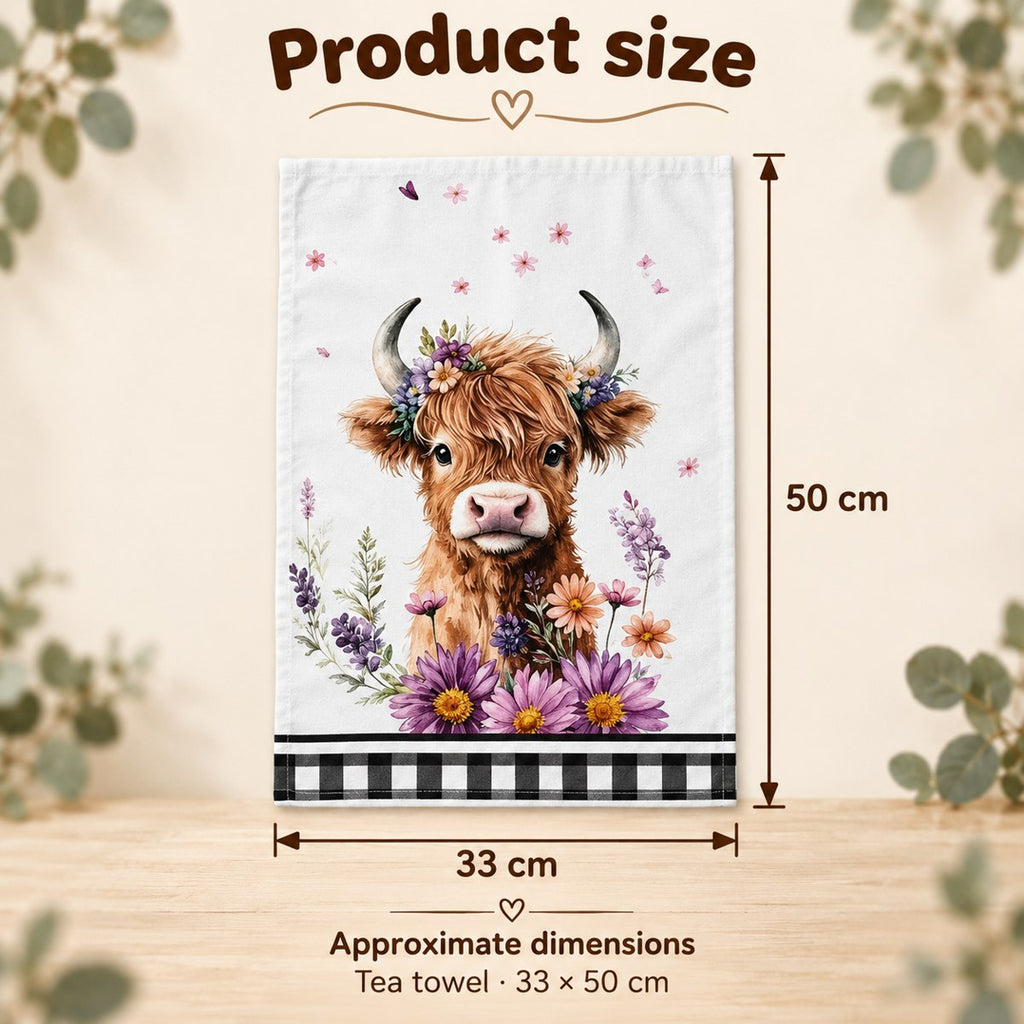 Floral Highland cow tea towel size guide, approximately 33 by 50 centimetres