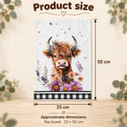 Floral Highland cow tea towel size guide, approximately 33 by 50 centimetres