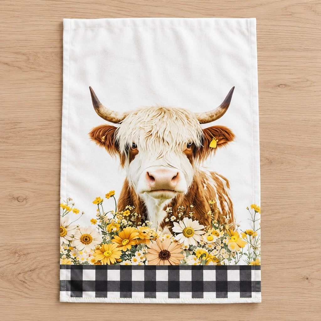 White Cow floral Highland cow tea towel design