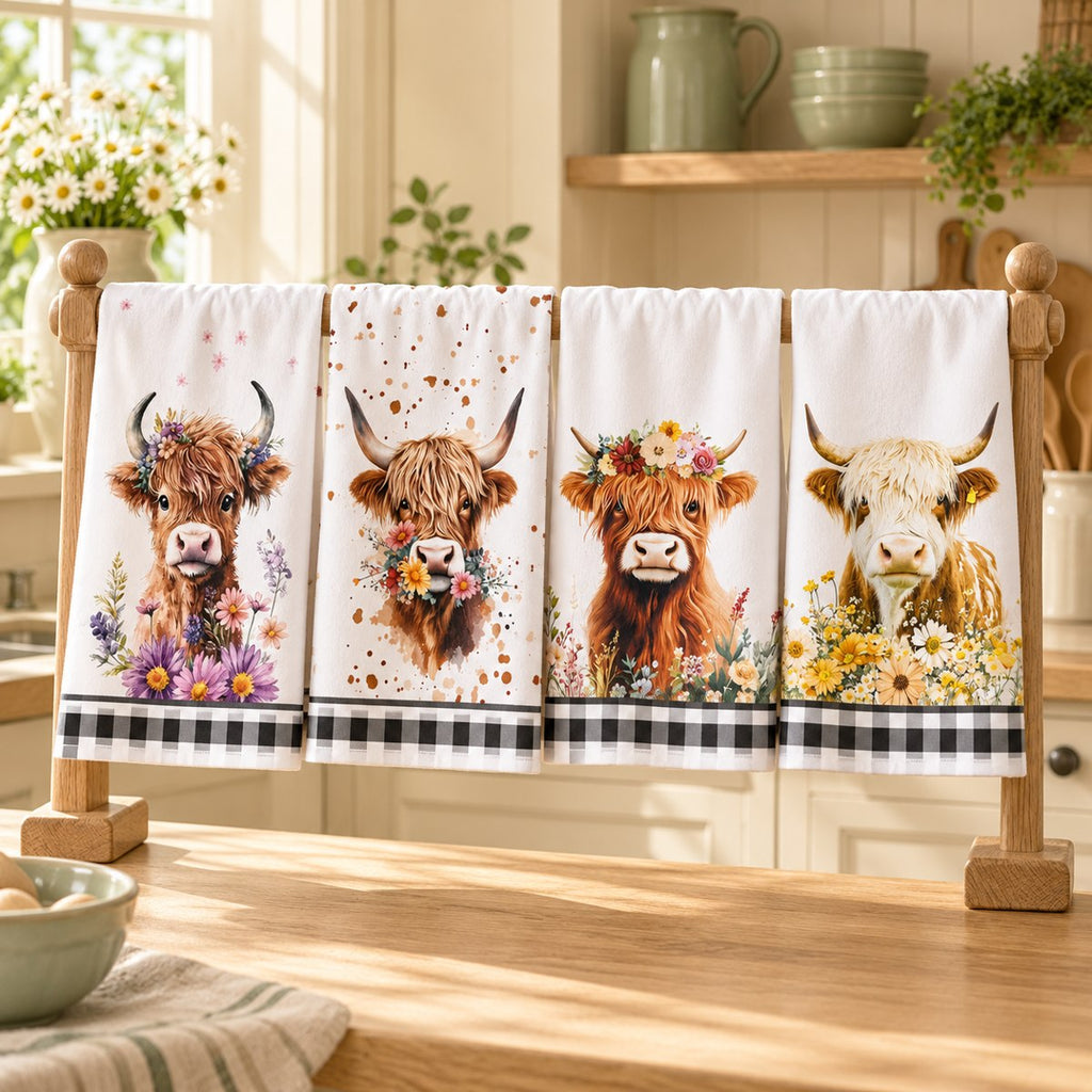 Four floral Highland cow tea towel designs displayed on a wooden kitchen rail