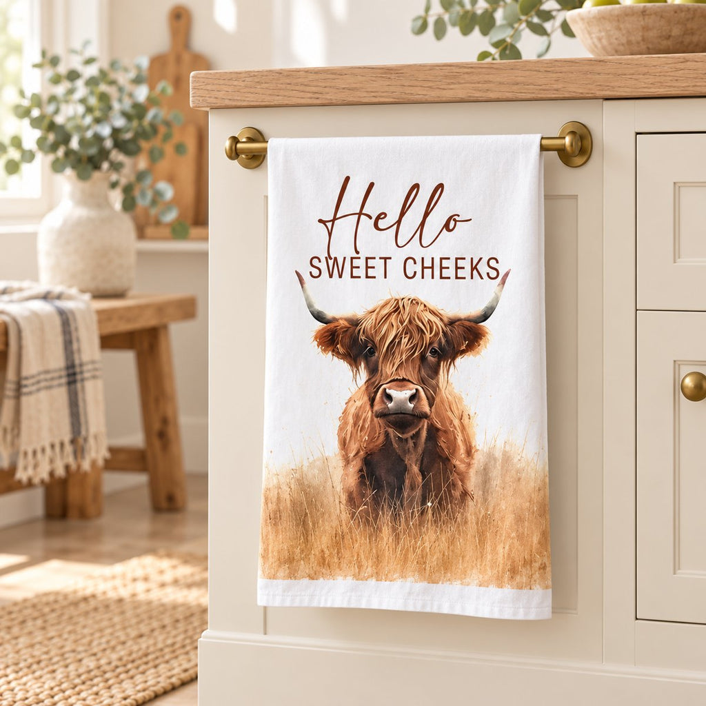 Hello Sweet Cheeks Highland cow tea towel hanging from a brass rail in a cream kitchen