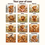 January to December Highland cow illustrations for the Floral Country 2027 calendar, arranged in a clear twelve-month grid without the front cover.