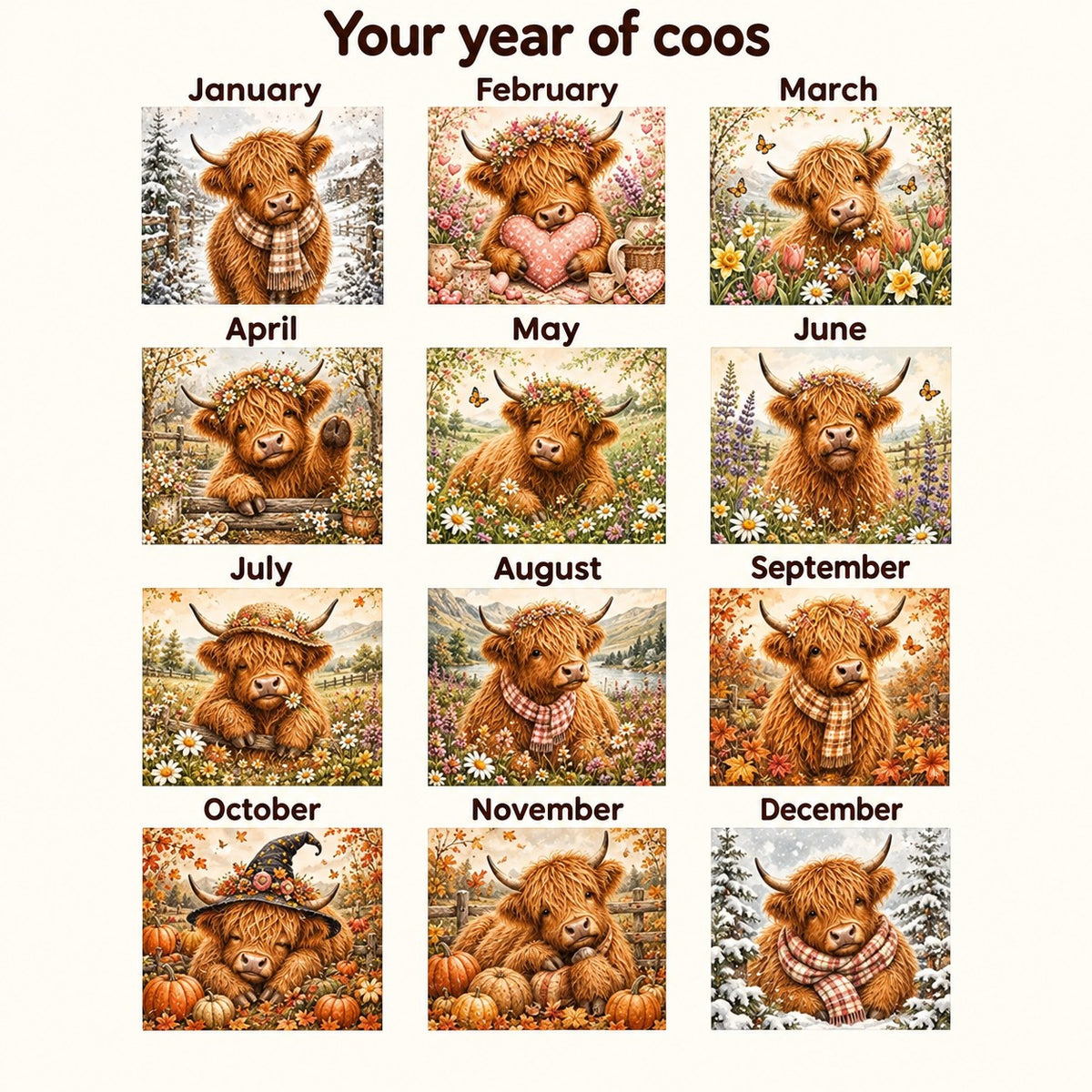 January to December Highland cow illustrations for the Floral Country 2027 calendar, arranged in a clear twelve-month grid without the front cover.