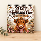 Floral Country Highland cow 2027 calendar styled against an ivory wall on pale timber; eucalyptus is a decorative prop.