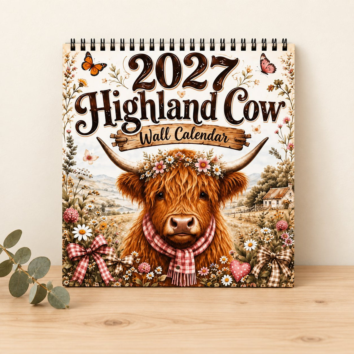 Floral Country Highland cow 2027 calendar styled against an ivory wall on pale timber; eucalyptus is a decorative prop.