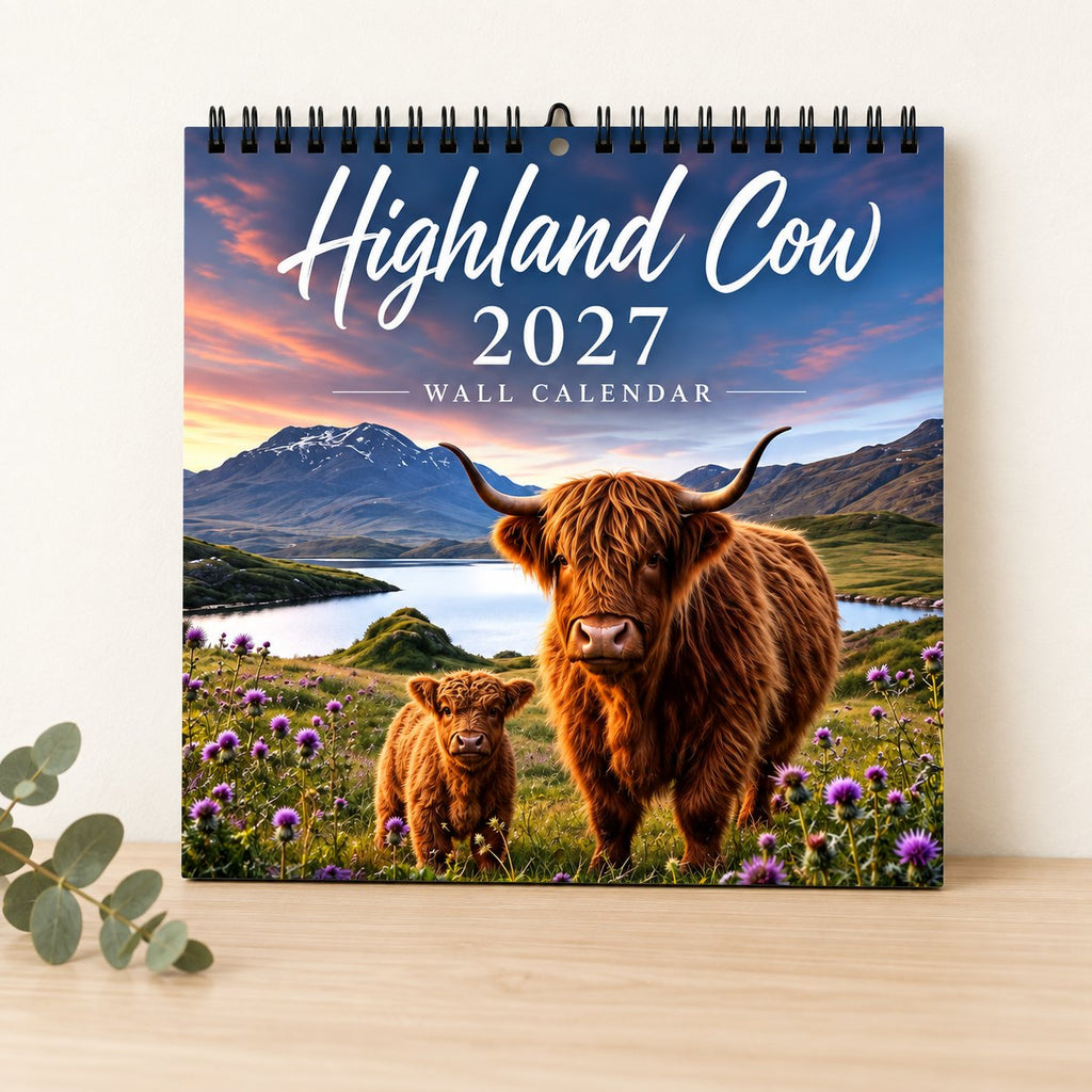 Loch & Calf Highland cow 2027 wall calendar styled on pale timber against a cream wall; eucalyptus is a decorative prop.
