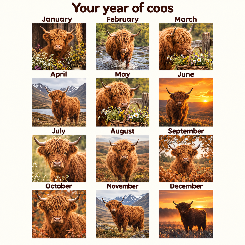 January to December Highland cow artwork in the 2027 Loch & Calf wall calendar, shown in a twelve-month preview.