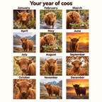 January to December Highland cow artwork in the 2027 Loch & Calf wall calendar, shown in a twelve-month preview.