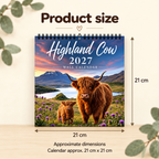 Loch & Calf Highland cow 2027 wall calendar size guide showing approximate dimensions of 21 cm wide by 21 cm high.