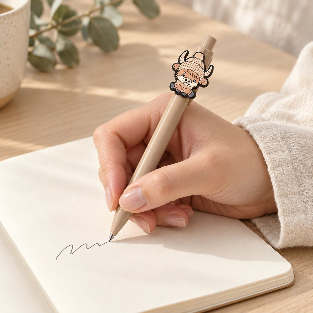 Hand writing with a beige Highland cow pen on a plain notebook; notebook and props not included