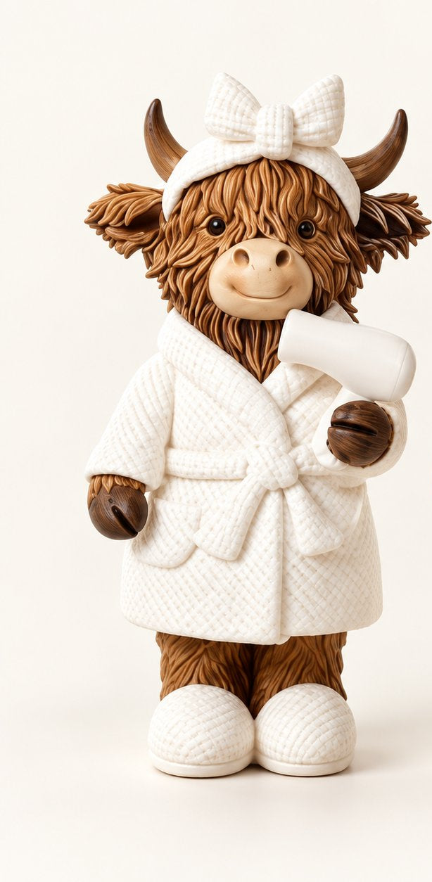 Individual Bathrobe Highland cow figurine in a white robe with a bow headband and hairdryer detail. One figurine.