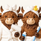 Close-up of the bathroom cow figurines showing the bow headband, tiny yellow duck and sculpted fur