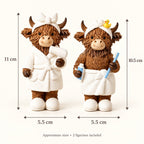 Bathroom figurine size guide: Bathrobe cow 11 cm high and Towel cow 10.5 cm high, both approximately 5.5 cm wide. Choose one design or the matching pair.