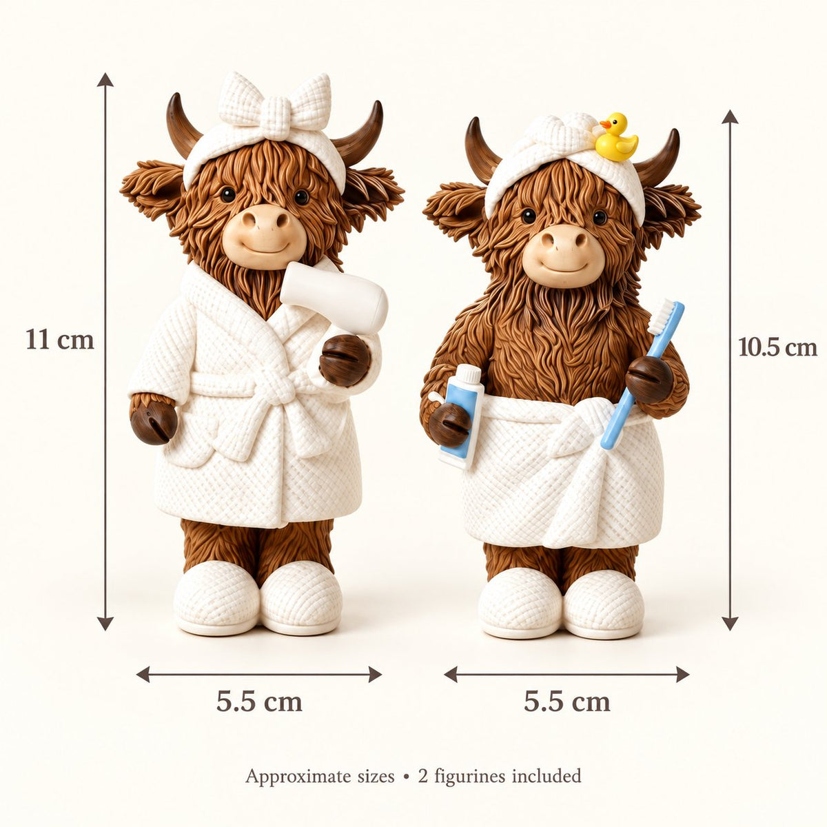 Bathroom figurine size guide: Bathrobe cow 11 cm high and Towel cow 10.5 cm high, both approximately 5.5 cm wide. Choose one design or the matching pair.