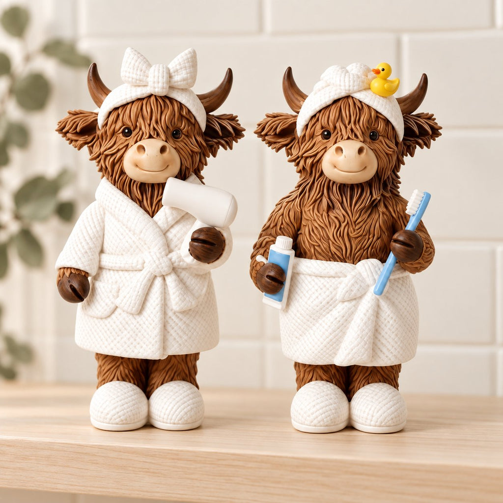 Two Highland cow bathroom figurines styled together on a pale timber shelf against ivory tiles