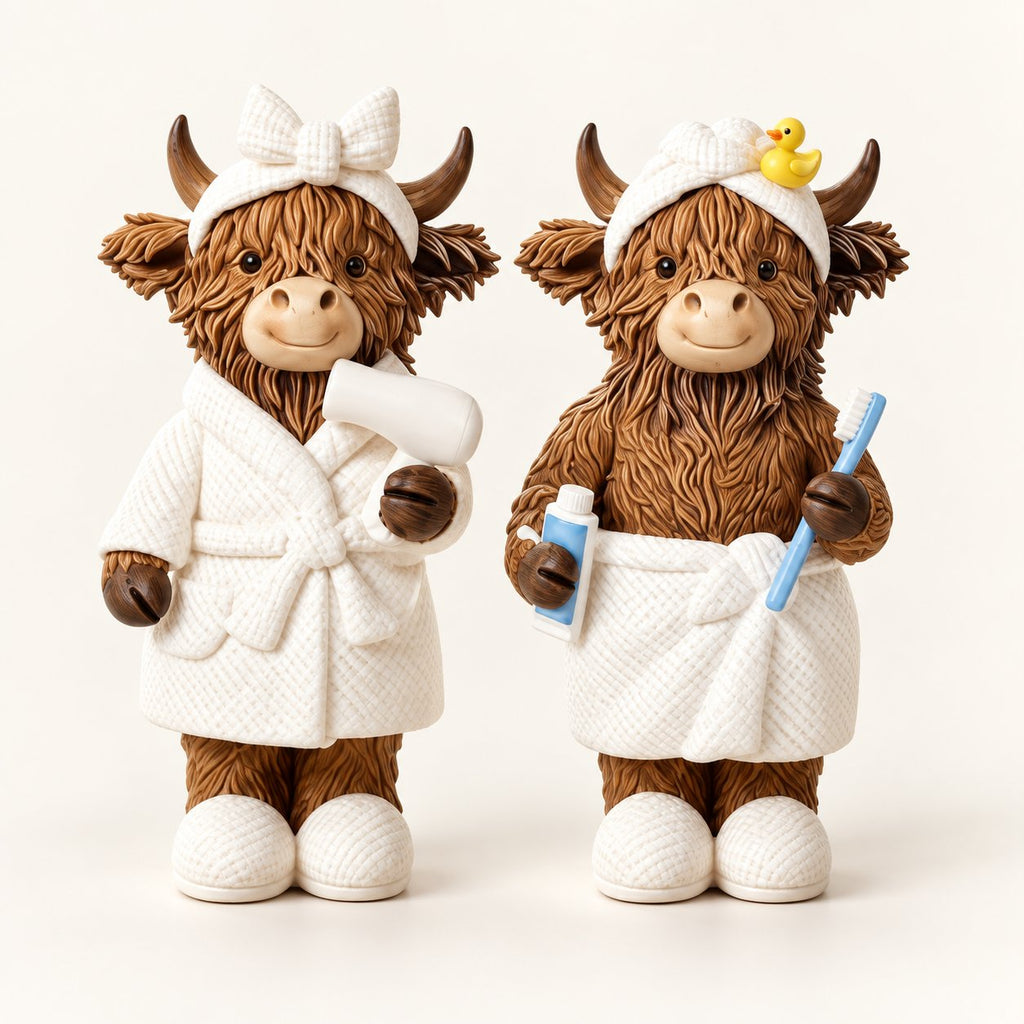 Pair of Highland cow bathroom figurines wearing white bath-time outfits, with hairdryer and toothbrush details