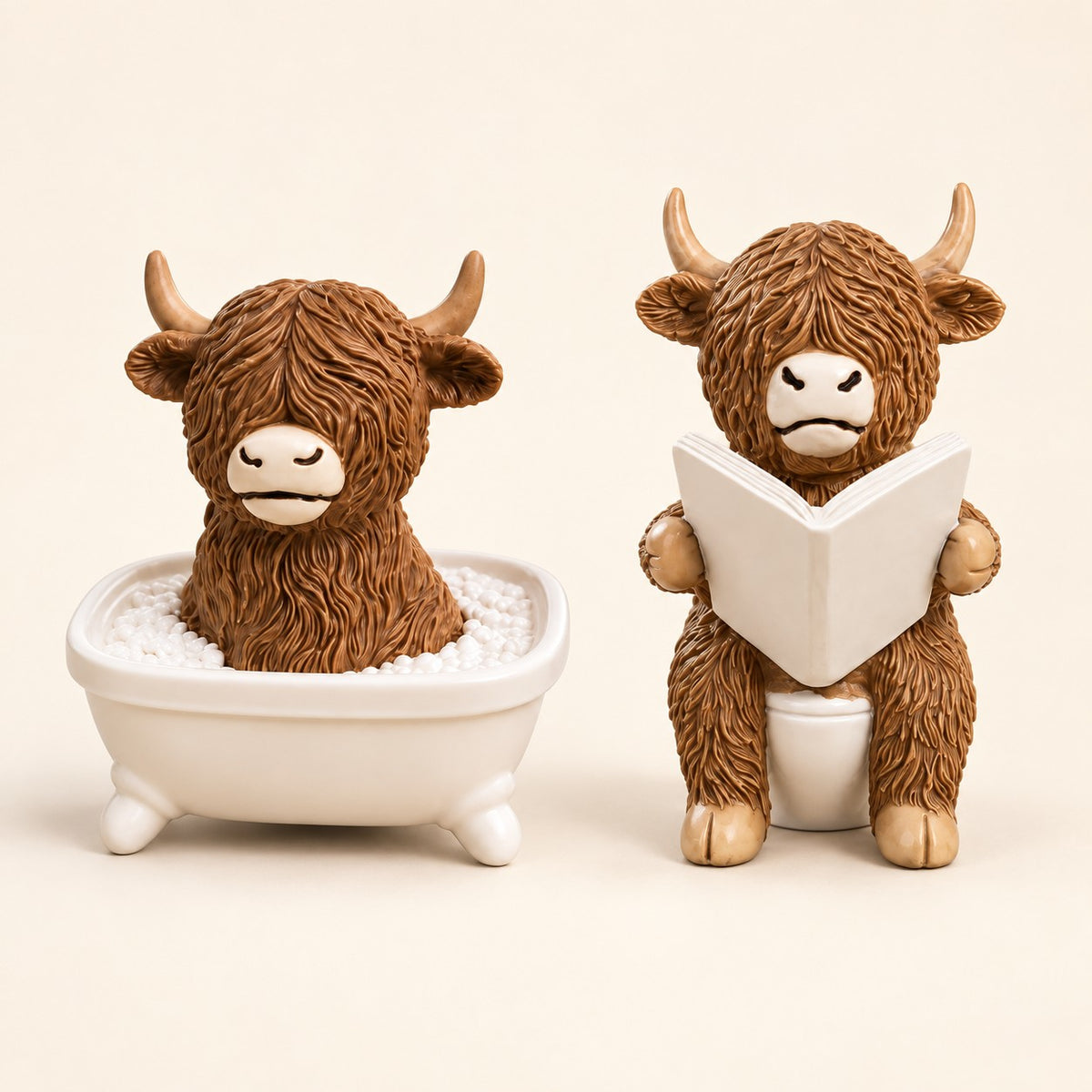 Highland Cow Bath & Book figurines shown together: one Bathtub cow and one Reading cow. Available individually or as the matching pair.