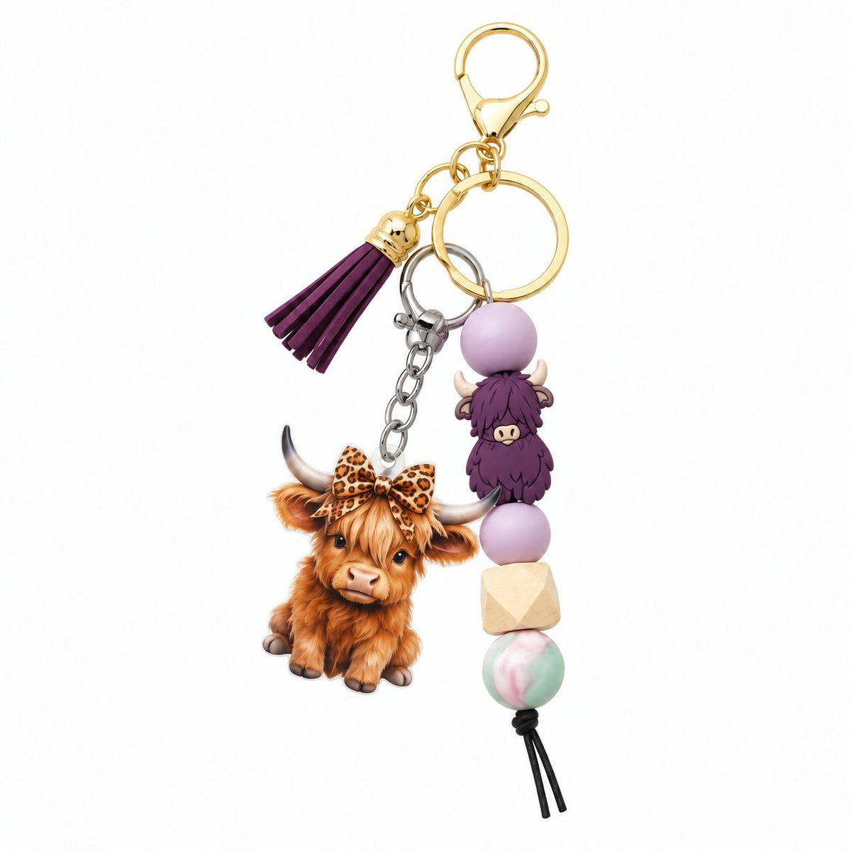 Purple Highland cow beaded tassel keyring with leopard-bow calf charm and gold-tone clasp