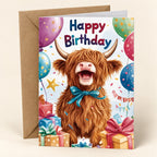 Balloons Birthday Highland cow greeting card with colourful balloons, gifts and confetti, shown with one kraft envelope.