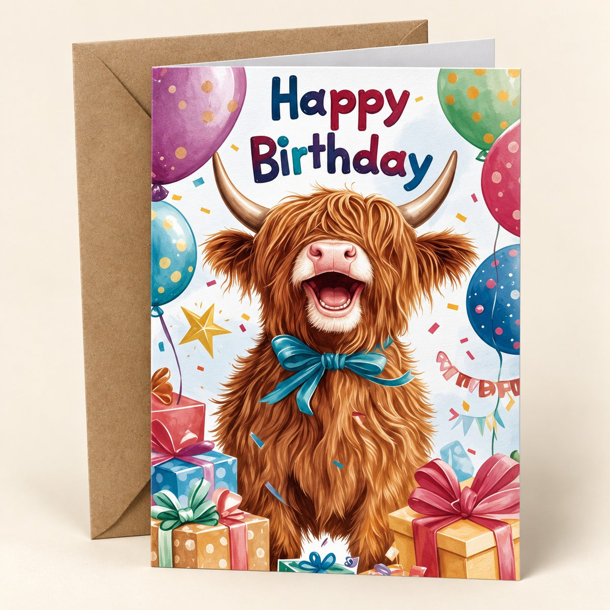 Balloons Birthday Highland cow greeting card with colourful balloons, gifts and confetti, shown with one kraft envelope.
