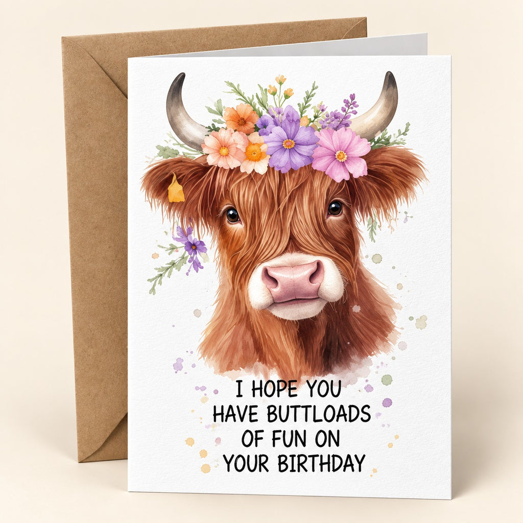Buttloads of Fun Highland cow birthday card with a colourful flower crown, shown with one kraft envelope.