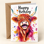 Colourful Birthday Highland cow greeting card with watercolour-style artwork and Happy Birthday wording, shown with one kraft envelope.