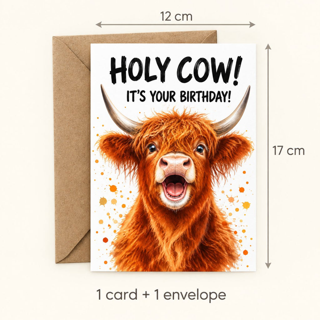 Highland cow birthday card measuring 12 cm wide by 17 cm high; one card and one kraft envelope included.
