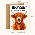 Highland cow birthday card measuring 12 cm wide by 17 cm high; one card and one kraft envelope included.